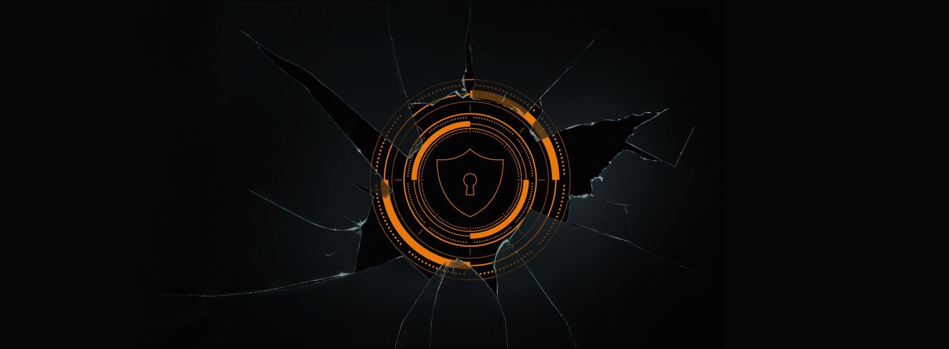 Broken glass with a circle in the middle of it showing a lock in orange