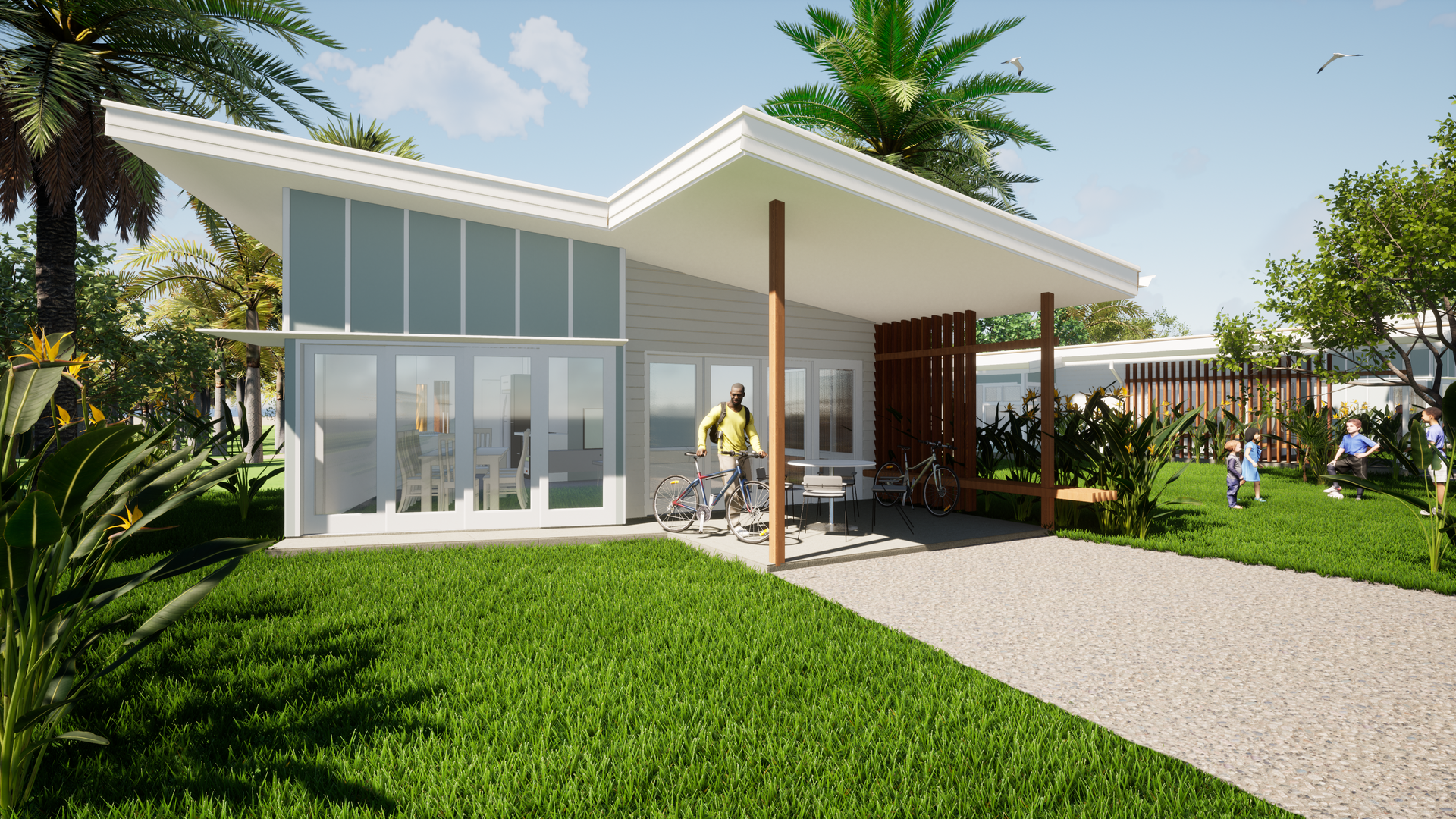 Modern Building With Angled Roof, Patio, and Green Lawn — BOLD Architecture + Interior Design In Mackay, QLD