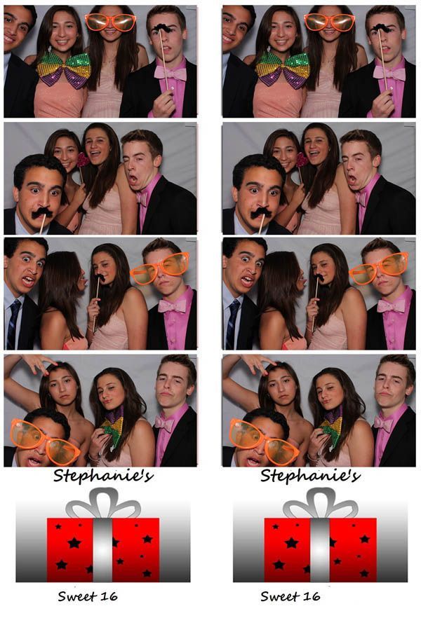Photo booth strips: four sets of three people posing with props. Includes text and a gift graphic.
