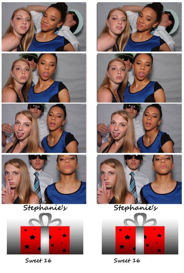 Photo booth strip: Two people making silly faces, celebrating 