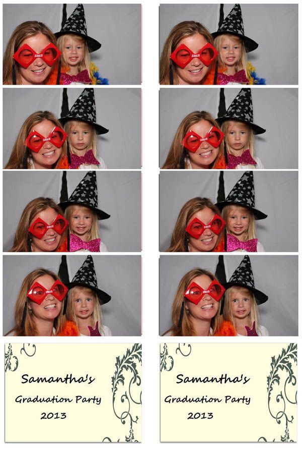 Photo booth strip: Two people wearing props at Samantha's graduation. One wears big red glasses. The other, a witch hat.
