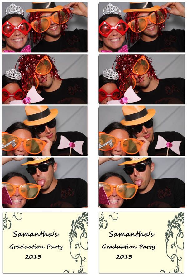 Photo booth strip: two people posing with props like silly glasses and hats at a graduation party.