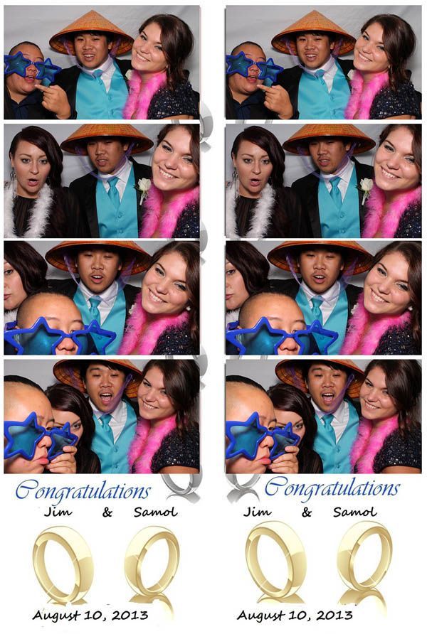 Photo booth strips with wedding guests. People wearing hats and boas, posing with props. Text: Congratulations. Rings.