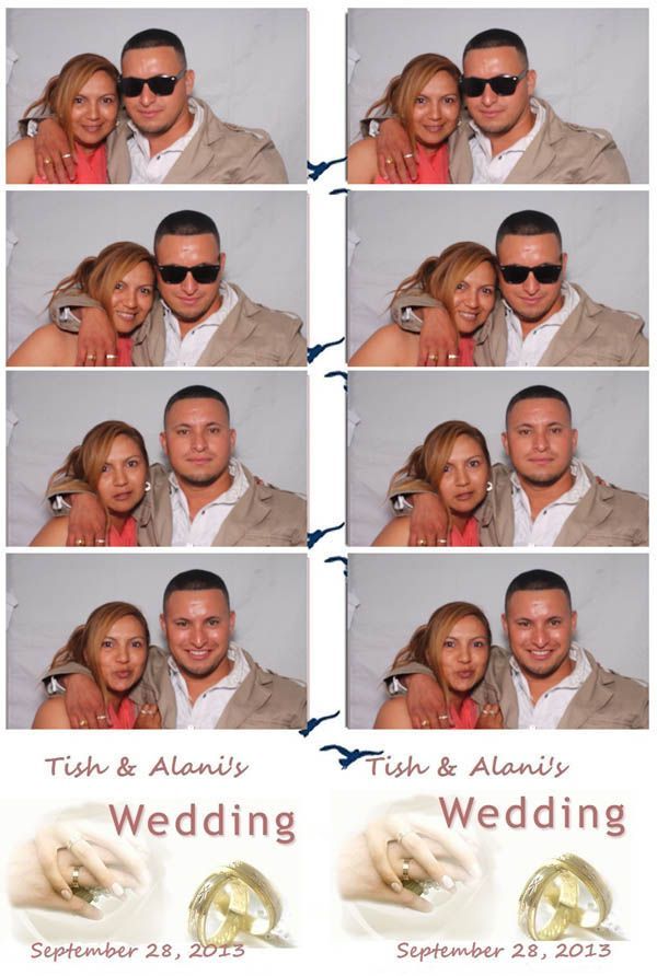 Photo booth strips: Couple at a wedding, smiling, posing with hands on each other.