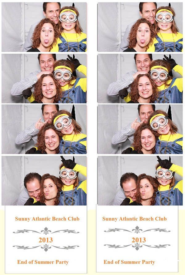 Photo booth strips: three people posing, one in a Minion costume; 