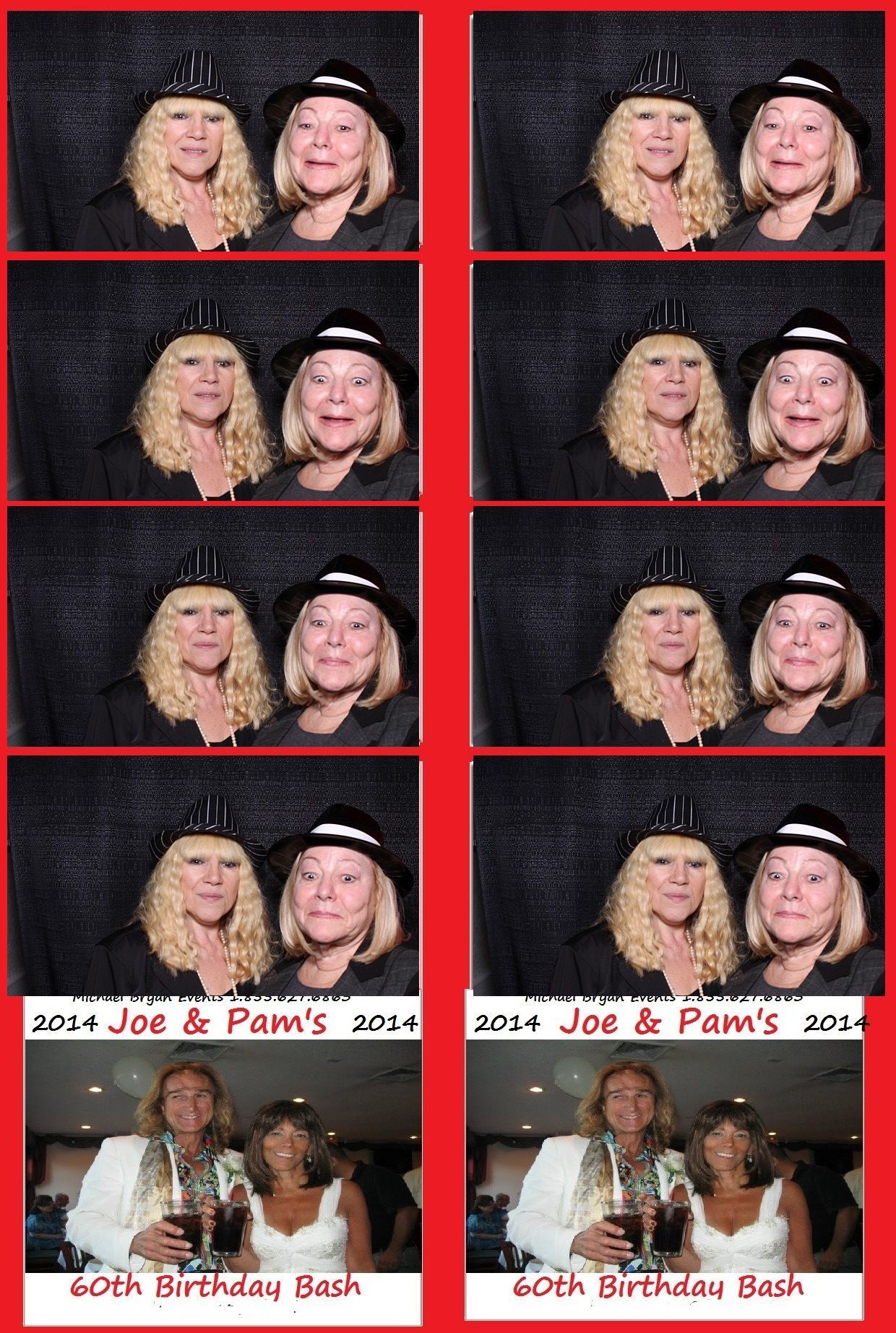 Photo booth strip of two women; several shots with hats, and a couple enjoying drinks.