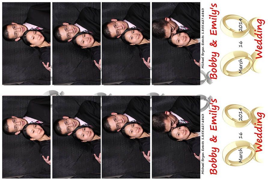 Photo strip from Bobby & Emily's wedding: couple poses with a dark backdrop, gold ring graphics, and text.