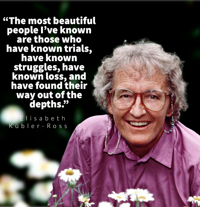 A woman in a purple shirt with a quote from elisabeth kubler ross