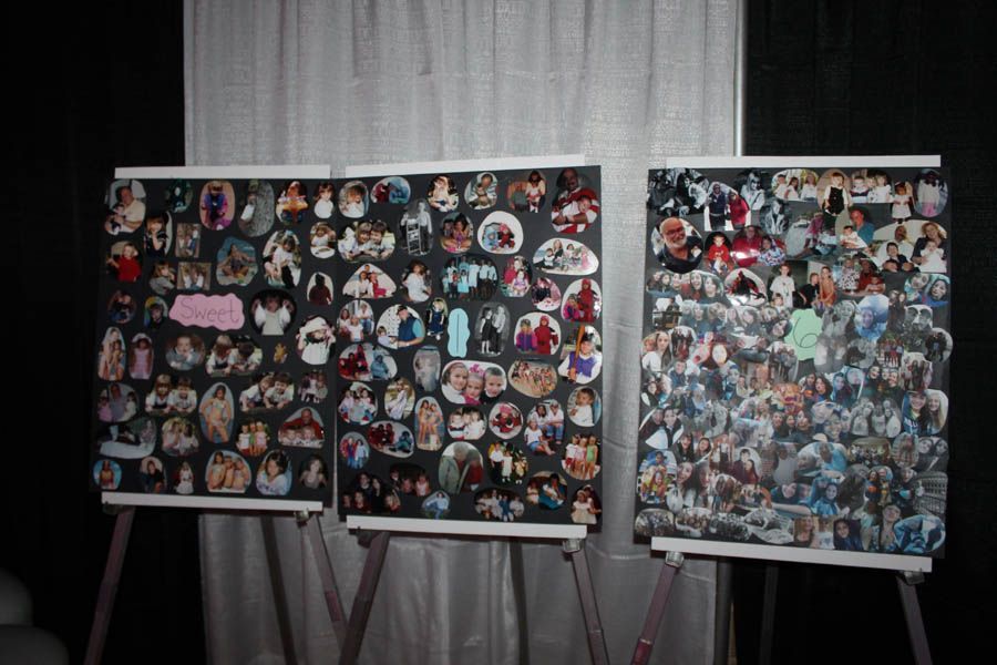 Three easels displaying photo collages at an event, with people and scenes visible.