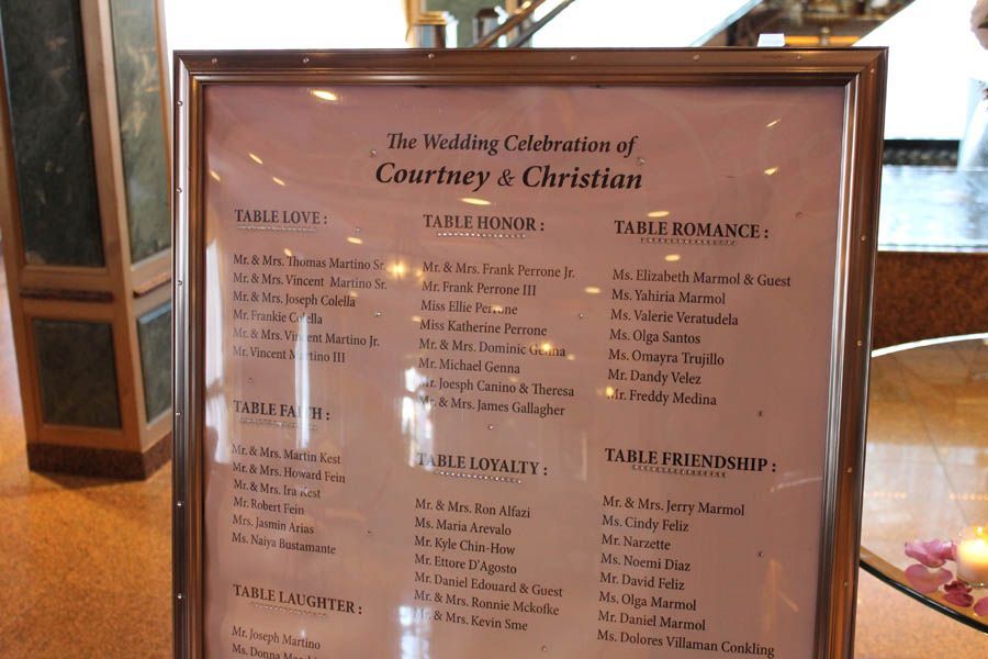 Wedding seating chart with guest names, displayed in a framed document.