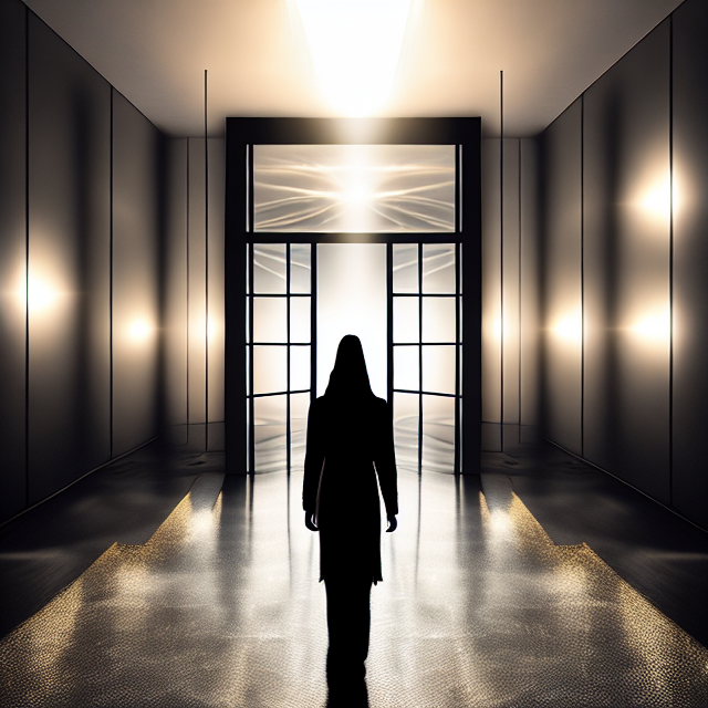 Silhouette of a person in a long coat standing in a hallway facing a brightly lit doorway.