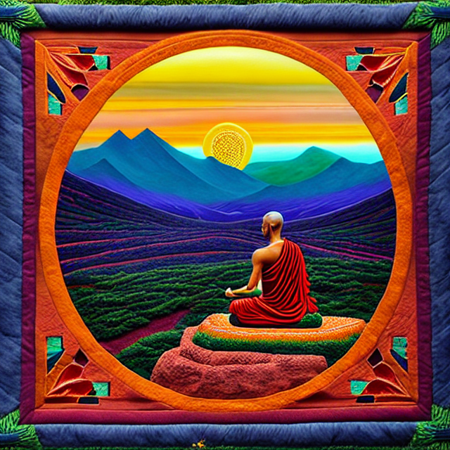 Monk meditating in nature, vibrant sunset over mountains. Quilted artwork with colorful borders.