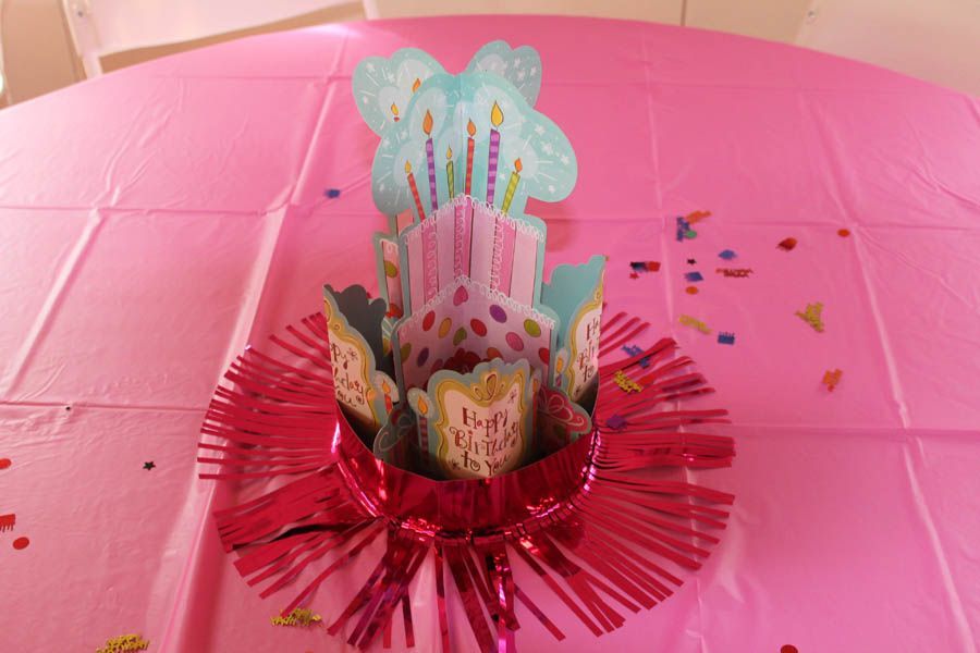 Birthday cake centerpiece on a pink table, with confetti.