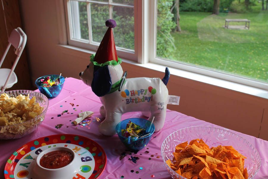 Birthday party table with dog balloon, snacks, and window view of a yard.