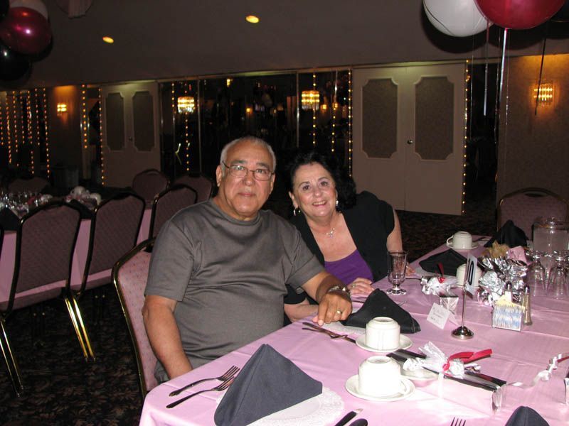 Couple seated at a pink table at a party, smiling. Balloons and decorations in the background.