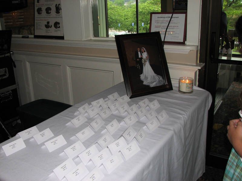 Table with place cards, framed photo of a bride and groom, and a lit candle.