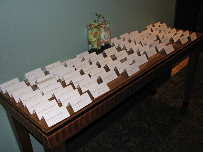 Table with name cards and a small flower arrangement.