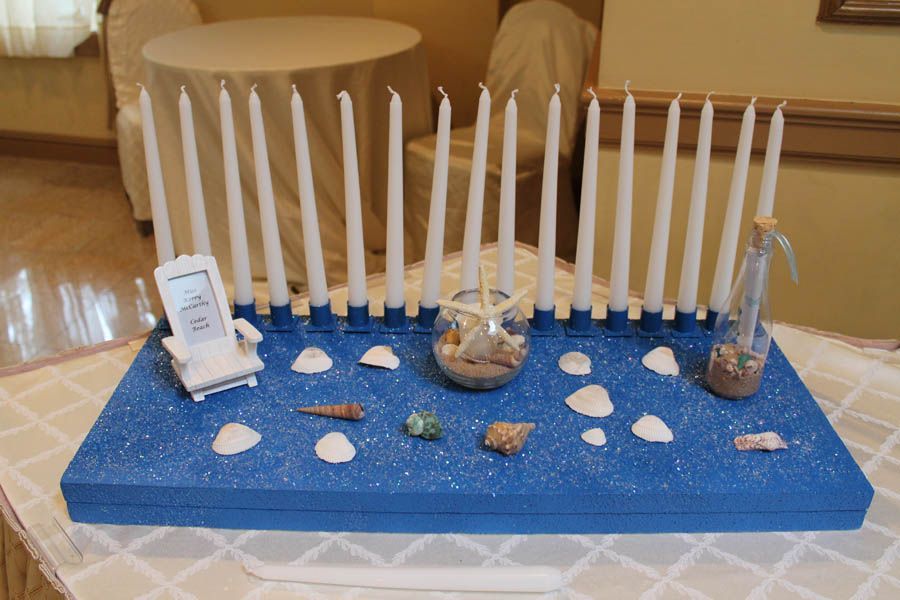 Blue, beach-themed table centerpiece with candles, seashells, and decorative items.