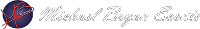 Logo for Michael Regan Events, with a dark blue sphere and red initials next to script text.