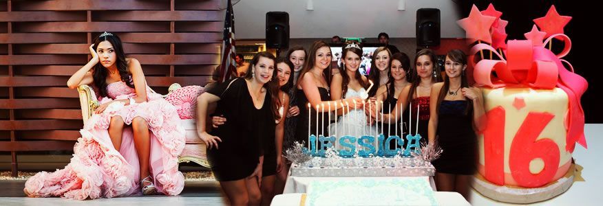 A woman in pink dress with friends at a party around a cake that says 