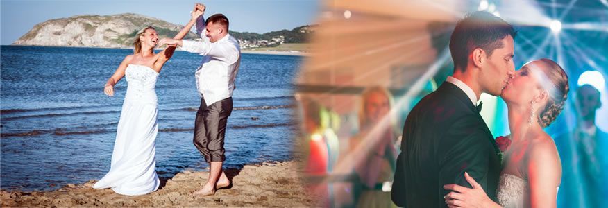 Wedding photos: dancing on a beach, kissing in a ballroom.