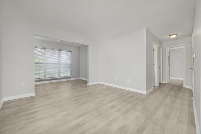Empty living room with gray walls, light wood floors, and a window.