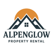 Alpenglow Property Rental logo with orange sun, mountain roofline, and dark blue text