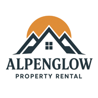 Alpenglow Property Rental logo with mountain peaks and orange sunrise above a house window.
