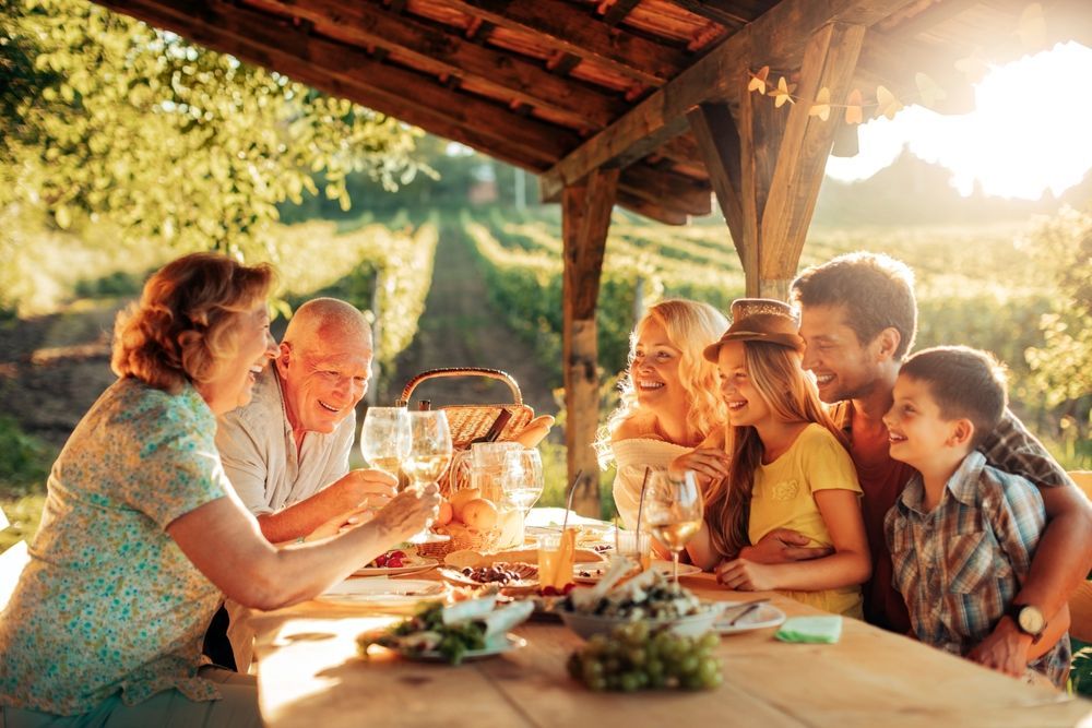 A family is sitting at a table in a vineyard drinking wine.