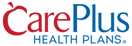 The logo for care plus health plans is red and blue.