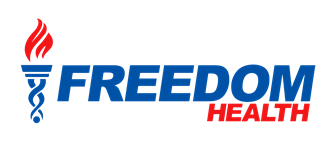 The logo for freedom health shows a torch and a medical symbol.