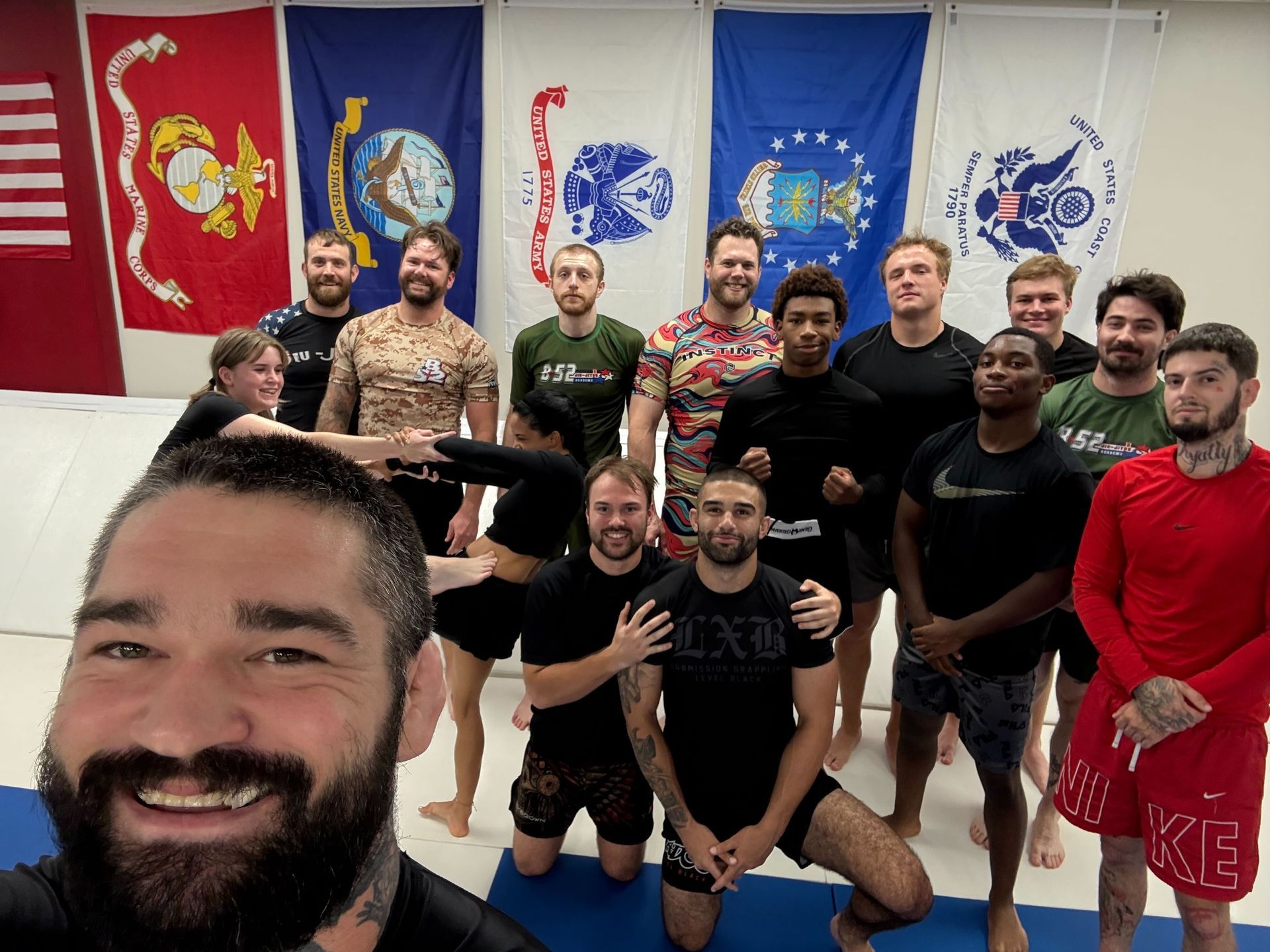 Adults practicing No-Gi grappling at B-52 Jiu-Jitsu Academy in Perry, GA to build calm problem-solving.
