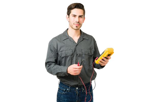 Man in gray shirt holding a multimeter, looking at the camera. Man in gray shirt holding a multimeter, looking at the camera.