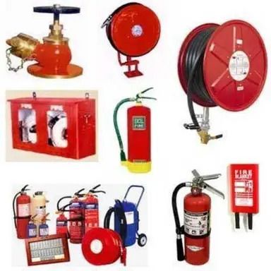 Fire safety equipment: fire hose reels, extinguishers, and cabinets in a red and white colour scheme. Fire safety equipment: fire hose reels, extinguishers, and cabinets in a red and white colour scheme.