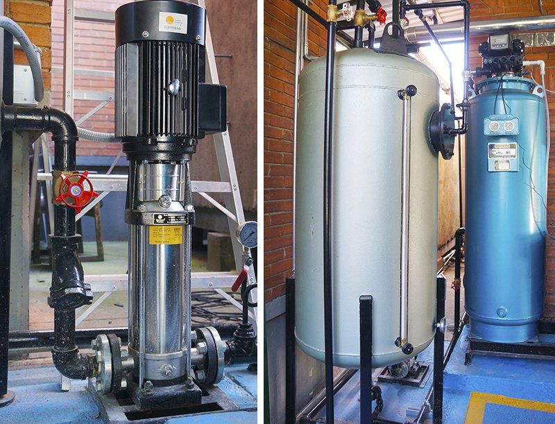 Dos imágenes de una bomba de agua y un tanque de agua.