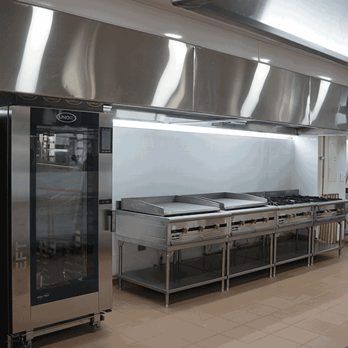 Cocina comercial con equipo de cocción de acero inoxidable y un horno de gran tamaño.