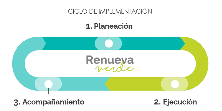 Ciclo de implementación: Etapas de planificación, ejecución y acompañamiento en un diagrama circular verde y azulado.