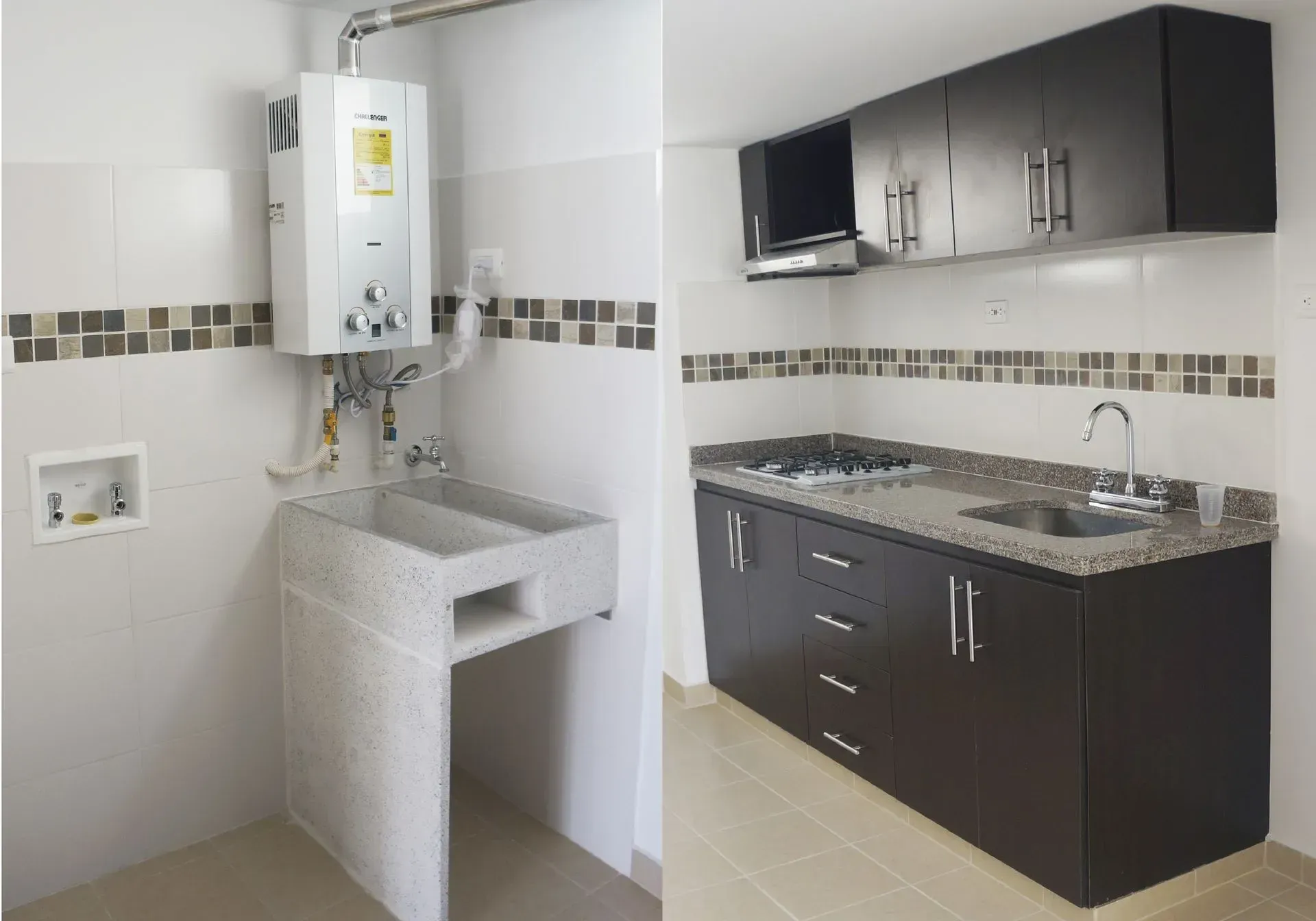 Imagen de dos partes: Lavandería con calentador de agua y cocina con gabinetes oscuros.