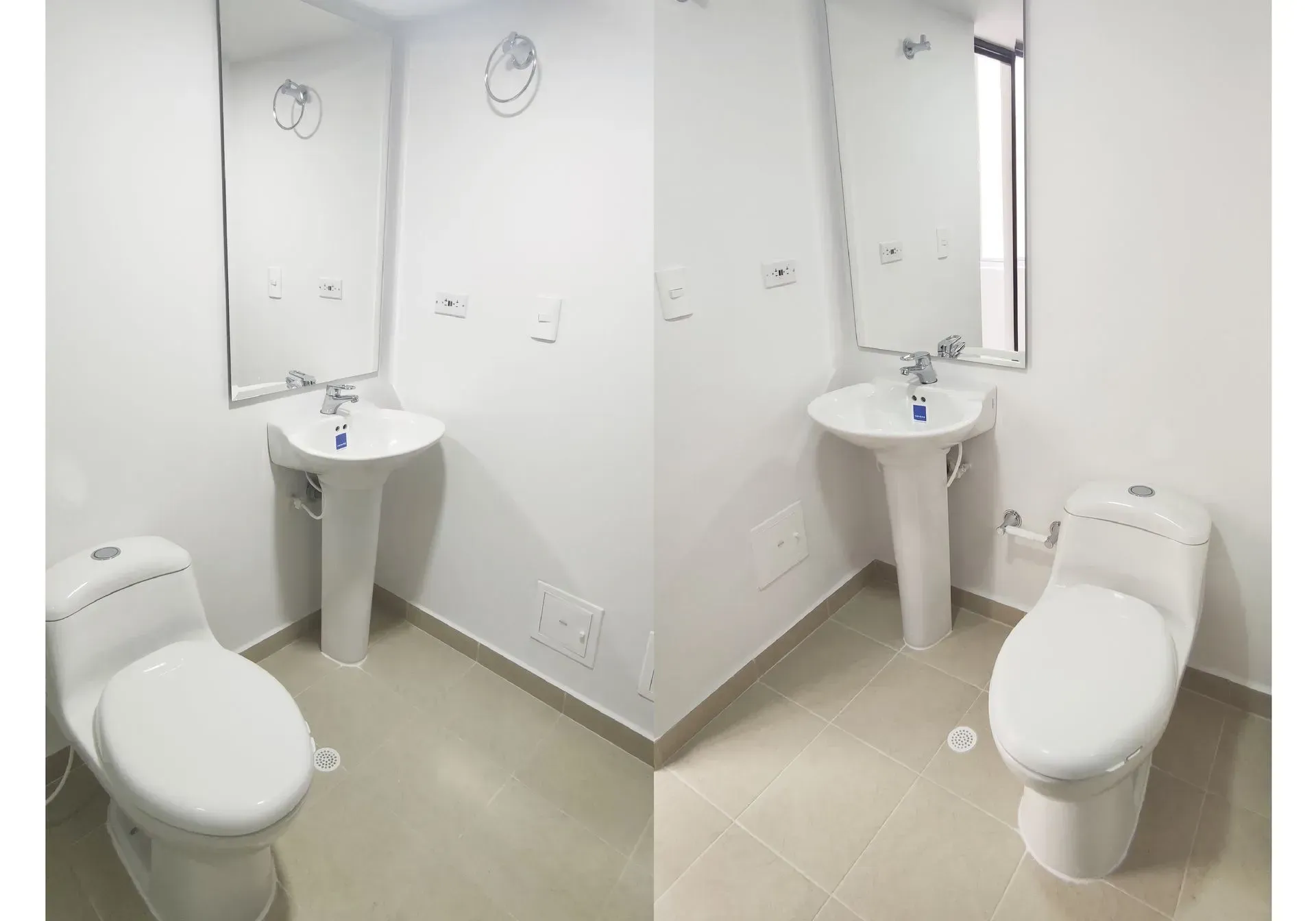 Baño con accesorios blancos: lavabo de pedestal, inodoro y espejo contra paredes blancas y piso de baldosas de color claro.