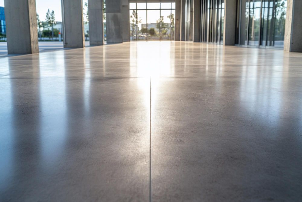Piso de hormigón pulido en edificio moderno, que refleja la luz solar brillante y los pilares.