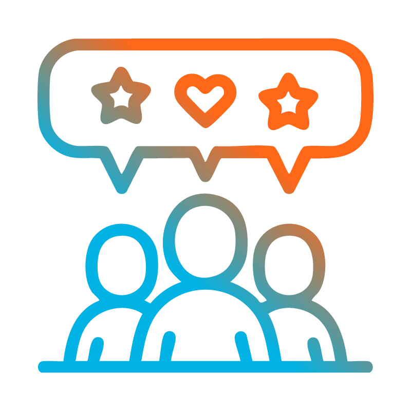 Personas con bocadillo de diálogo de estrella, corazón, iconos de estrella; degradado azul/naranja.