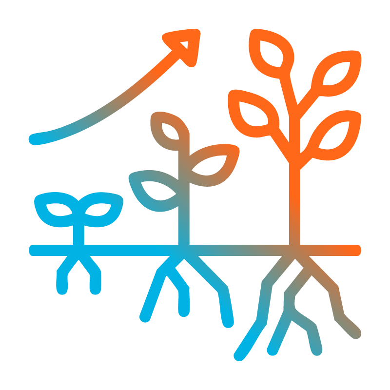 Etapas del ciclo de vida de la planta, gradiente naranja y azul: brote, plántula, planta madura, flecha hacia arriba.