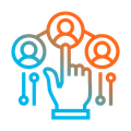 Mano que señala una red de iconos de personas conectadas en azul y naranja.