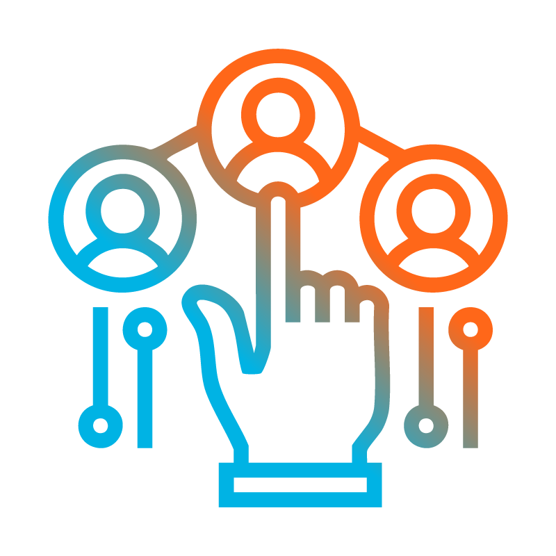 Mano que señala una red de iconos de personas conectadas en azul y naranja.