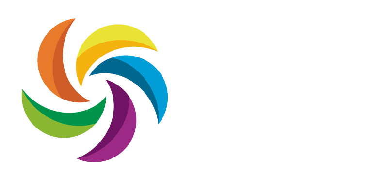 Un logotipo colorido y giratorio con segmentos naranjas, amarillos, azules, morados y verdes.