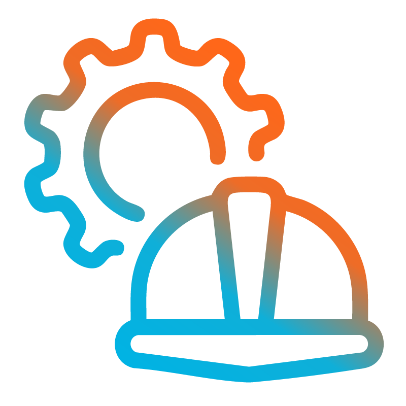 Casco y icono de engranaje con degradado naranja y azul.