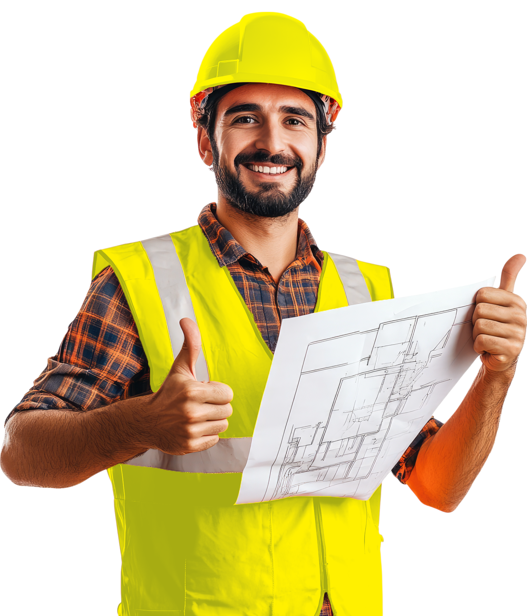 Trabajador de la construcción con casco, chaleco de seguridad y planos, haciendo un gesto de aprobación.