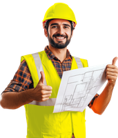 Trabajador de la construcción con casco, chaleco de seguridad y planos, haciendo un gesto de aprobación.