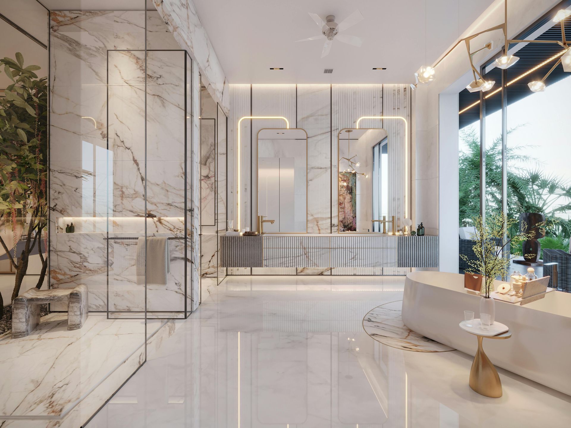 Lujoso baño con paredes de mármol, ducha de cristal, lavabo doble y bañera junto a grandes ventanales.