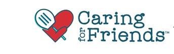 A logo for caring for friends with a heart and a magnifying glass.